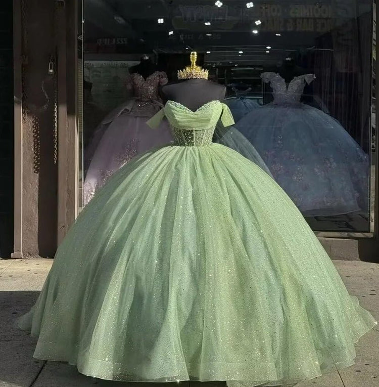 Glitter Quinceanera Dress Off Shoulder Tulle Corset Princess Sweet 16 – Msikoods Official Store
