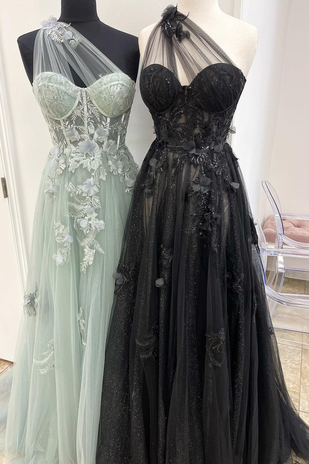 One Shoulder Slit Sparkly Prom Dress Flower Formal Evening Dress Ms2508095