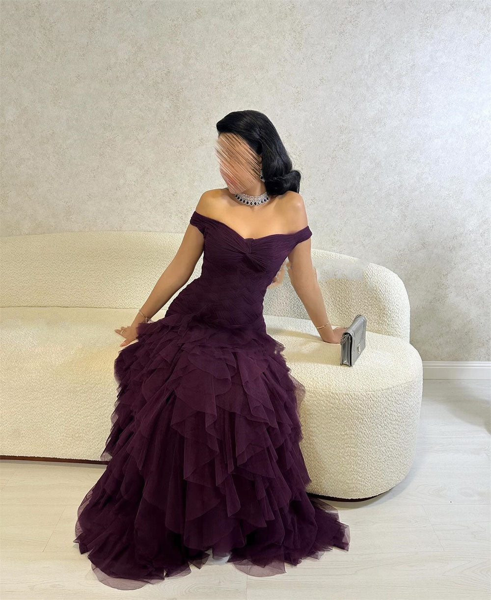Off Shoulder Mermaid Dress 2025 Tiered Tulle Ruffles Formal Gown Evening Party Dress Ms2505021