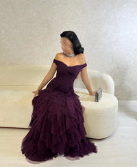 Off Shoulder Mermaid Dress 2025 Tiered Tulle Ruffles Formal Gown Evening Party Dress Ms2505021