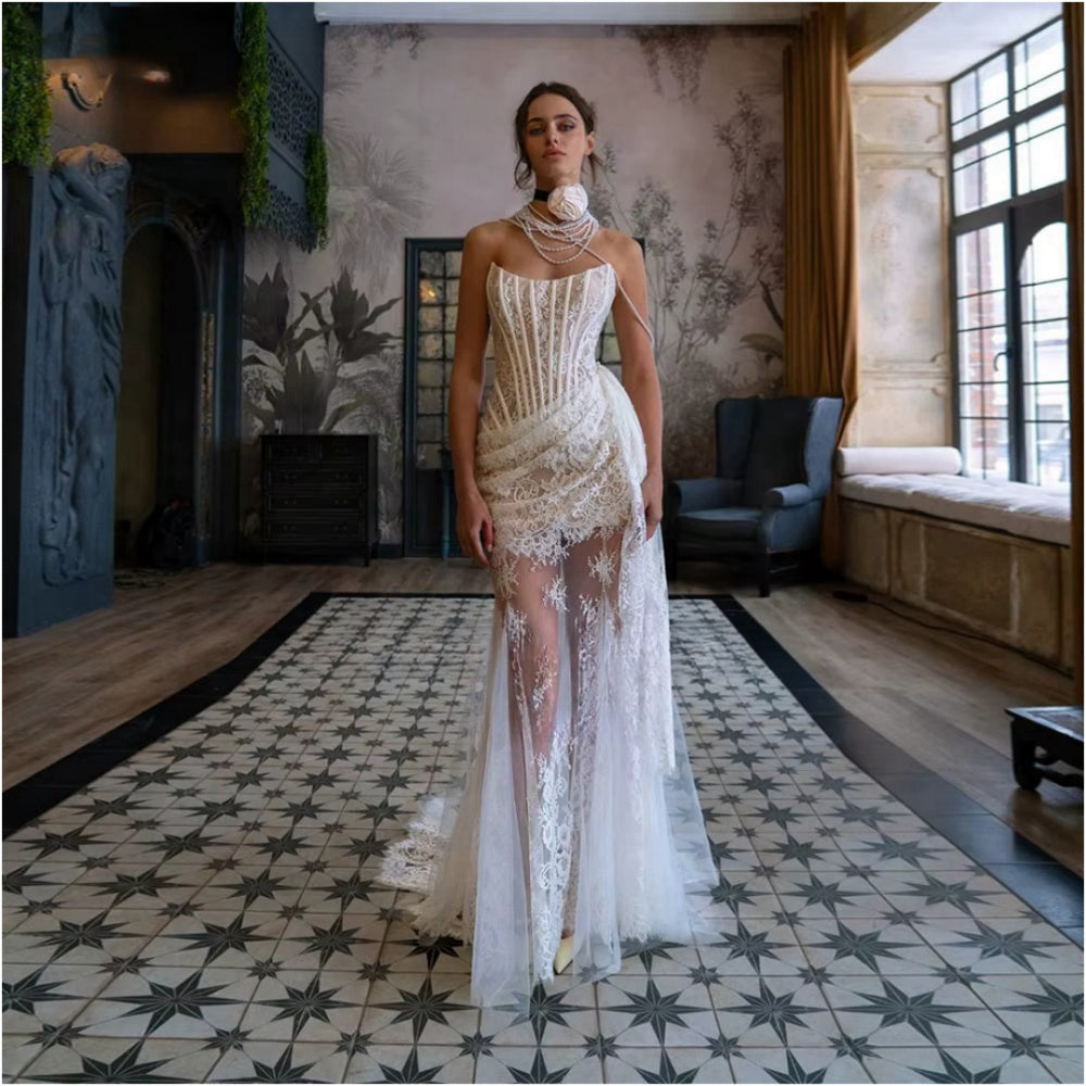 Lace Corset Bridal Dress Illusion Vintage Sexy Mermaid Wedding Dress W   Msikoods Official Store