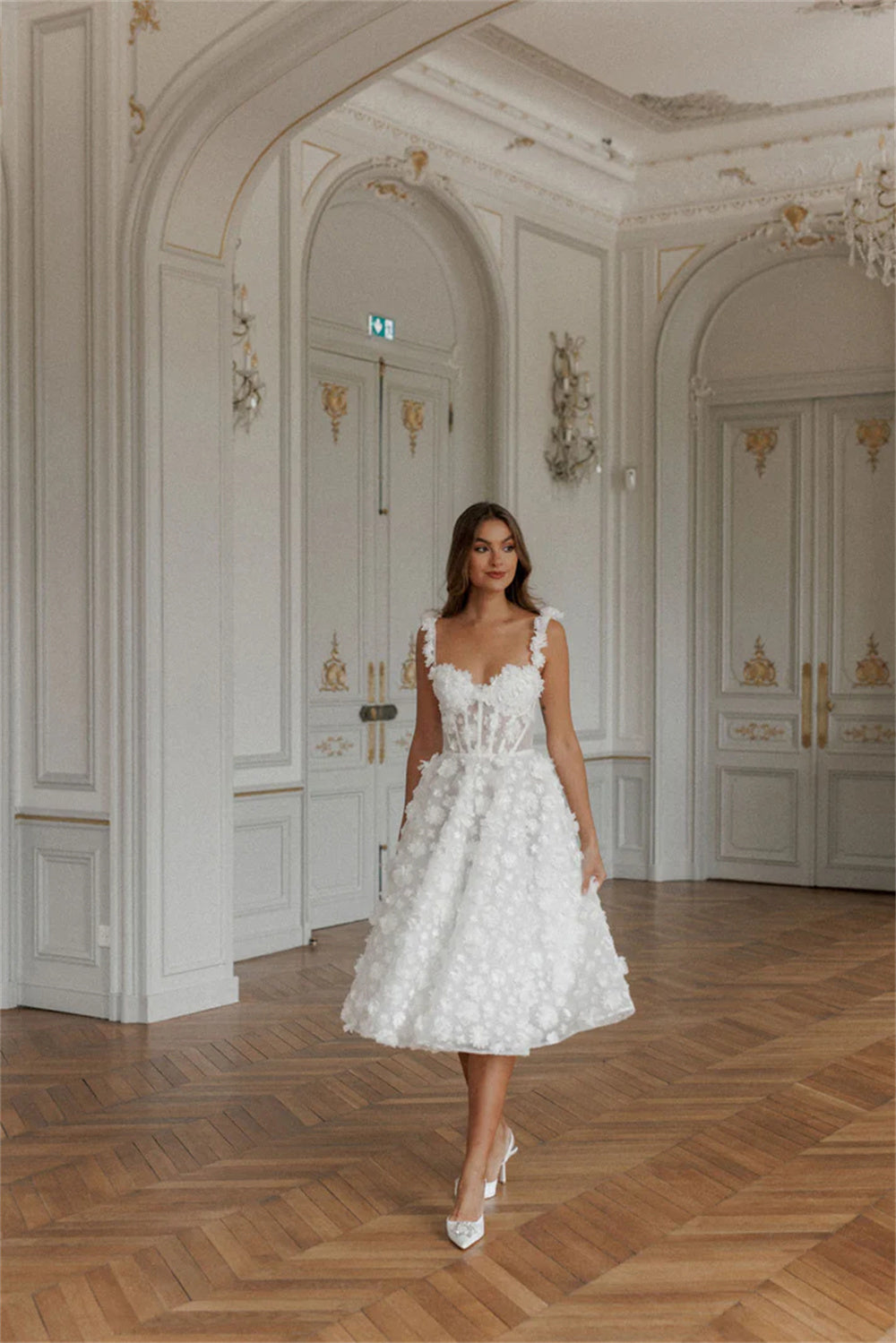 3D Floral Tea Length Bridal Dress Romantic Corset Wedding Party Gown Midi Tulle Bride Dress Ms250103