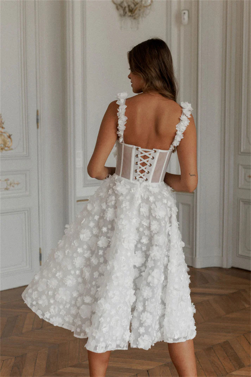 3D Floral Tea Length Bridal Dress Romantic Corset Wedding Party Gown Midi Tulle Bride Dress Ms250103