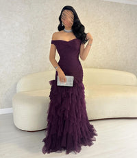 Off Shoulder Mermaid Dress 2025 Tiered Tulle Ruffles Formal Gown Evening Party Dress Ms2505021