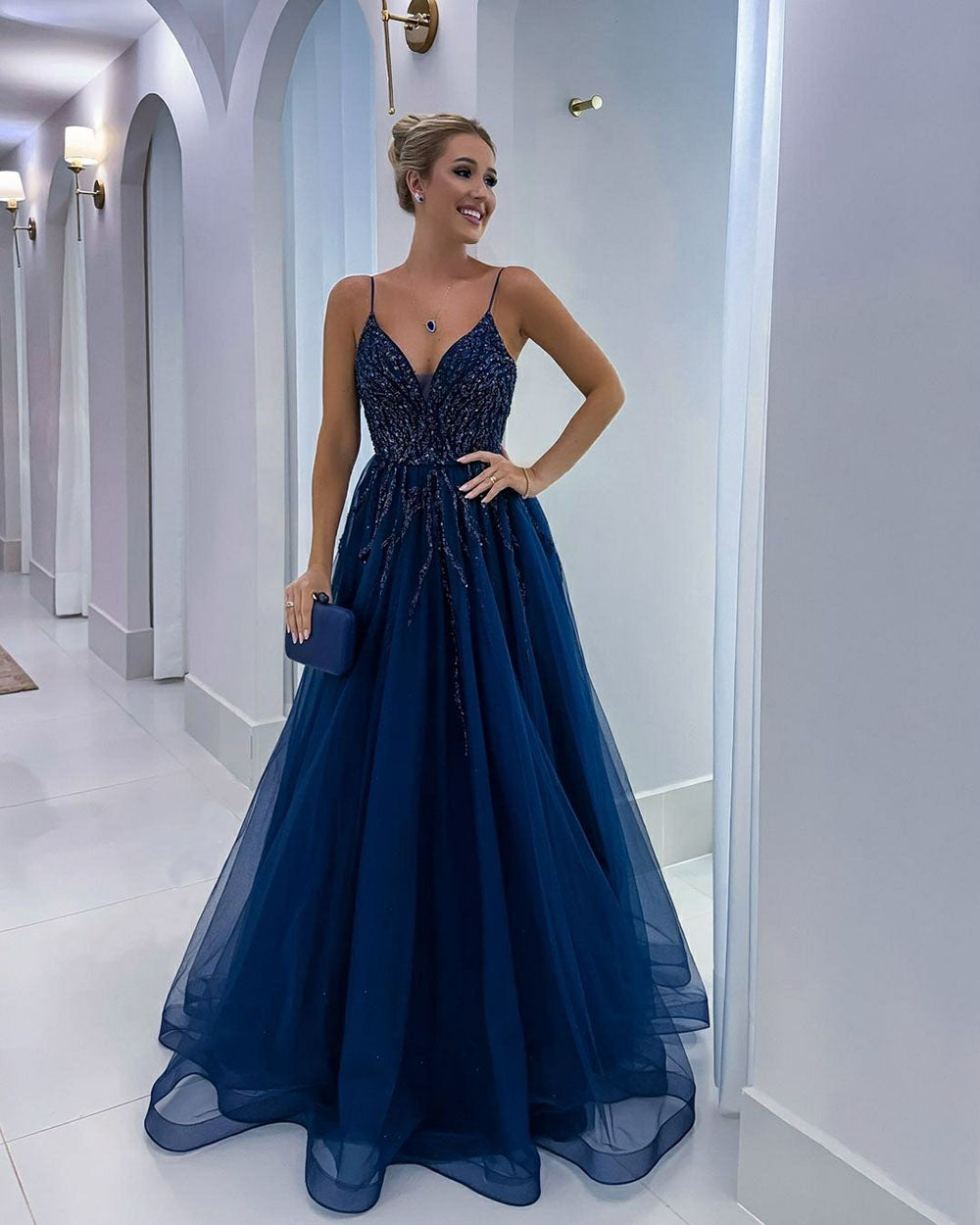 Navy Blue Evening Gown V Neck Spaghetti Straps Beaded A Line Formal Prom Dress Ms2601071