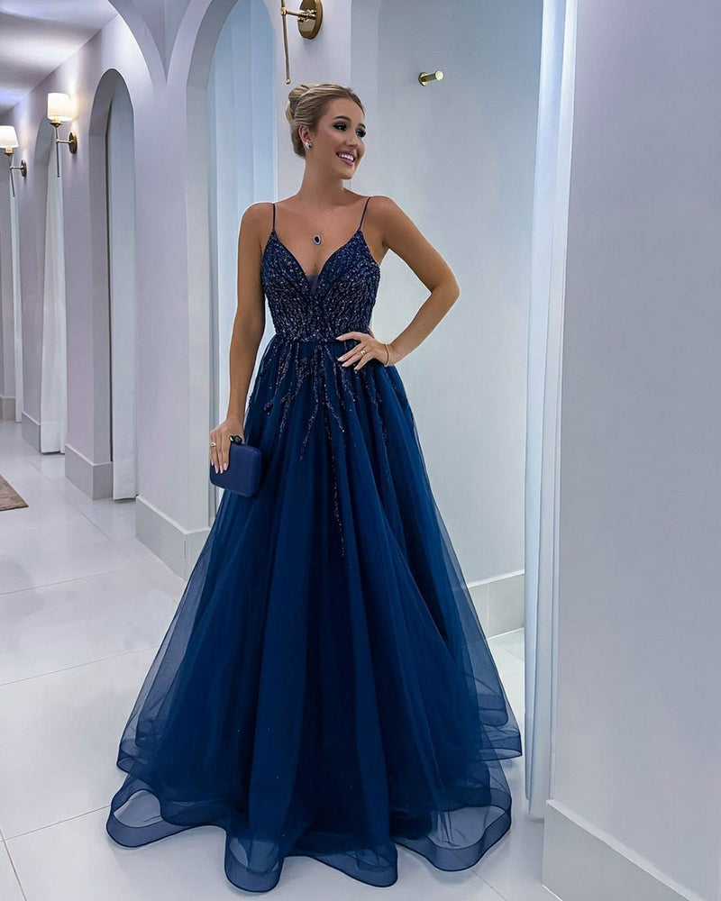 Navy Blue Evening Gown V Neck Spaghetti Straps Beaded A Line Formal Prom Dress Ms2601071