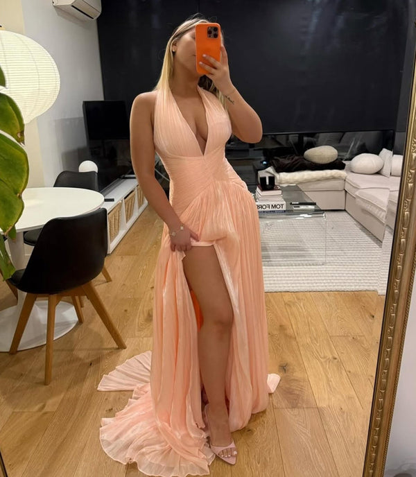Halter Deep V Neck Pleated Chiffon Evening Dress High Slit Prom Dress Ms2604275
