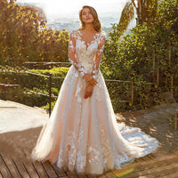 Elegant Illusion Lace Wedding Dress Long Sleeves Floral Appliqué Bride Dress Ms25052202