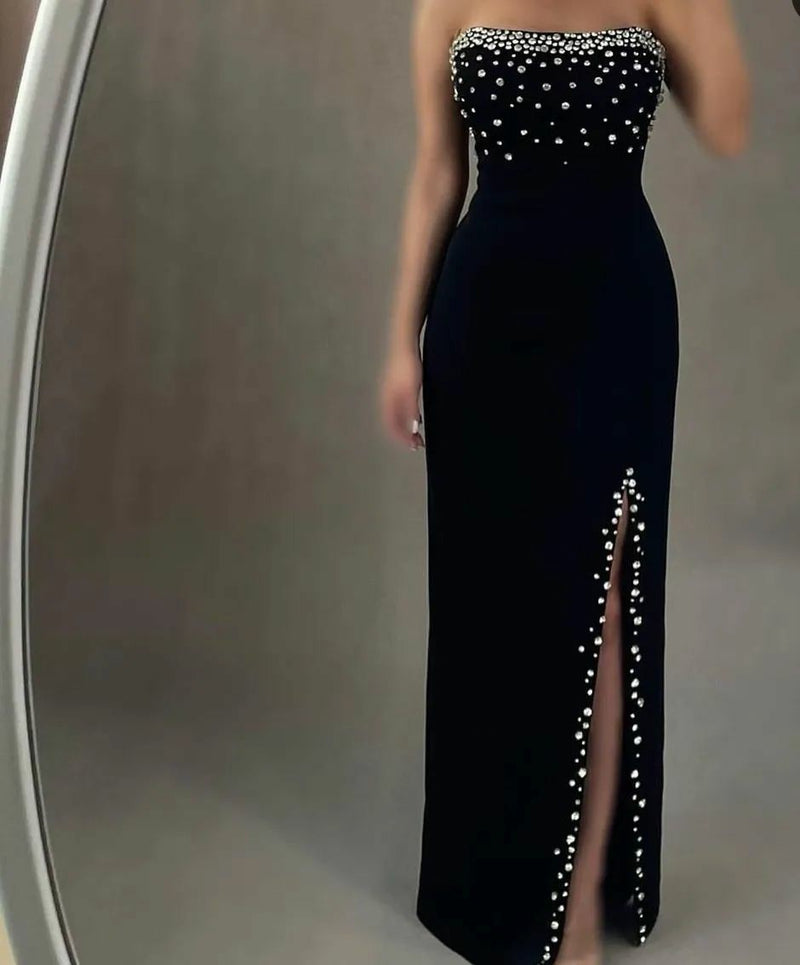 Beads Pearl Slit Prom Dress Strapless Bodycon Formal Dress Evening Party Gown Ms2505041