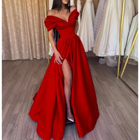 Off Shoulder Satin Prom Gown 2025 Slit Formal Prom Dress Evening Party Dress Ms2505082