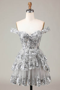 Gold Sequin Prom Dress Lace Layered Off Shoulder Mini Party Dress Ms09193