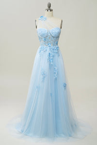 One Shoulder Slit Sparkly Prom Dress Flower Formal Evening Dress Ms2508095