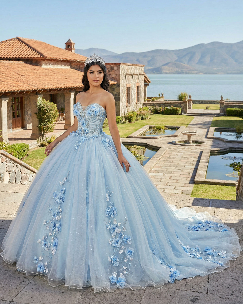 Sky Blue Quinceanera Dress Strapless Floral Ball Gown Princess Tulle Birthday Dress Ms2605204