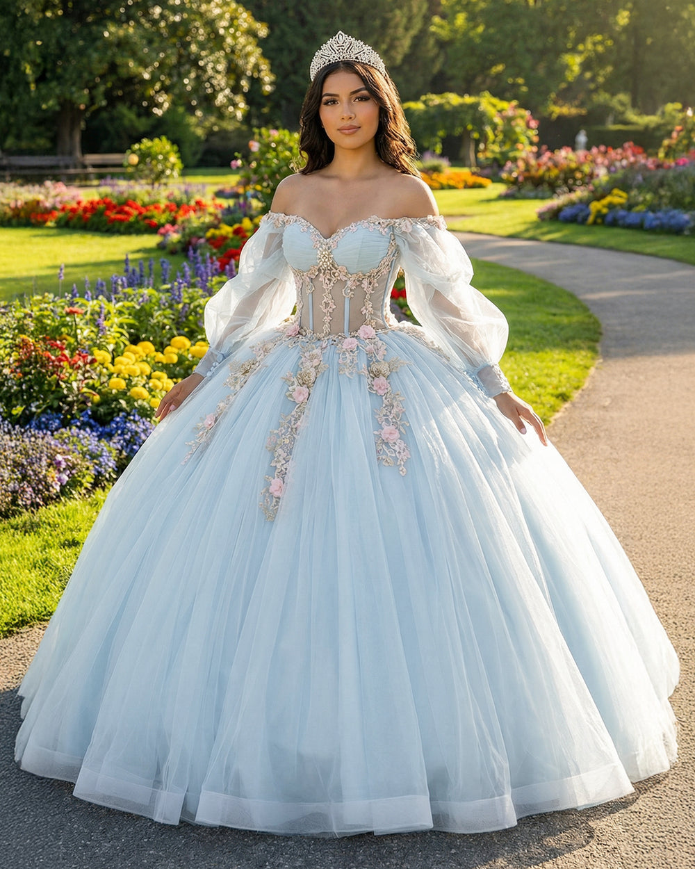Sky Blue Quinceanera Dress Off Shoulder Puffy Sleeve Ball Gown 3D Floral Prom Dress Ms2605164