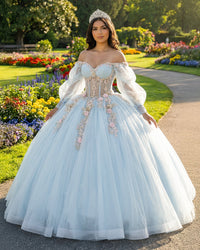 Sky Blue Quinceanera Dress Off Shoulder Puffy Sleeve Ball Gown 3D Floral Prom Dress Ms2605164