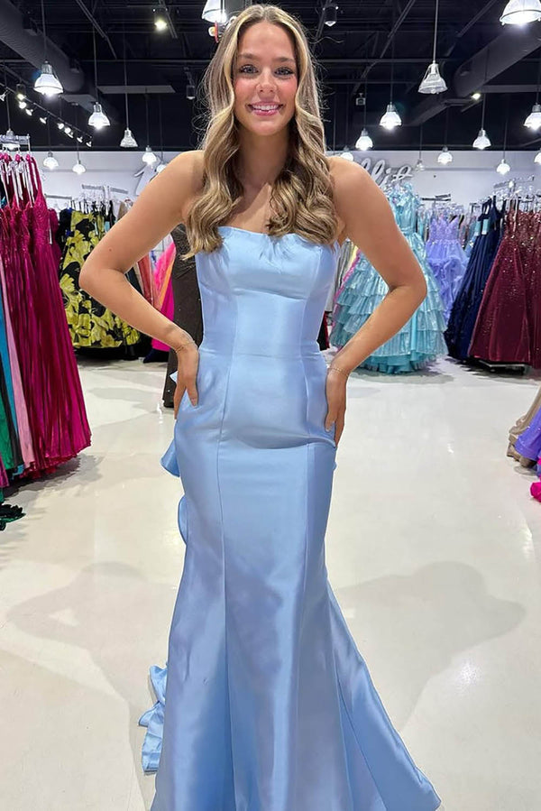 Red Prom Dress Strapless Ruffles Train Satin Mermaid Formal Evening Gowns Ms2609131