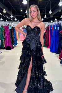 Black Sequin Strapless Prom Dress With Bow High Slit Layered Tulle Evening Gown Ms2601084