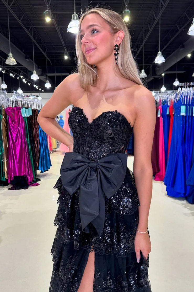 Black Sequin Strapless Prom Dress With Bow High Slit Layered Tulle Evening Gown Ms2601084