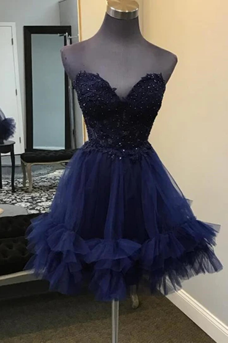 Light Blue Tulle Prom Dress Lace Tiered Ruffled Homecoming Dress Ms2601103