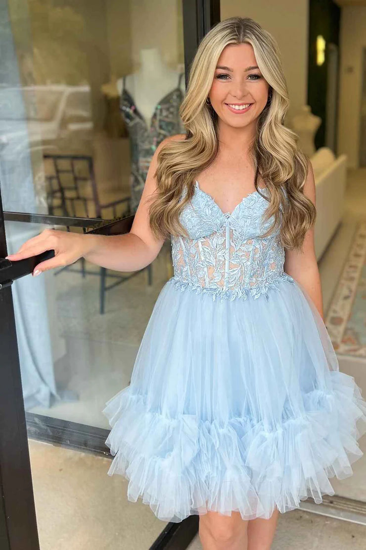 Light Blue Tulle Prom Dress Lace Tiered Ruffled Homecoming Dress Ms2601103