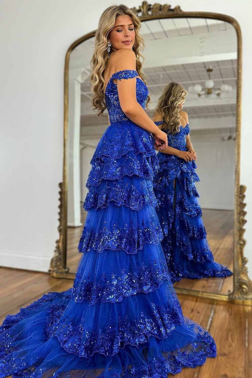 Sequin Lace Layered Prom Dress Off Shoulder Slit Graduation Gown Forma –  Msikoods Official Store