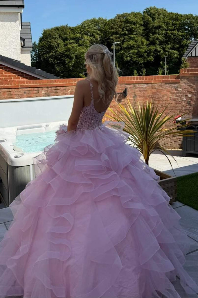 Pink Prom Dress Spaghetti Strap Lace Ball Gown Layered Ruffle Tulle Birthday Dress Ms2609233
