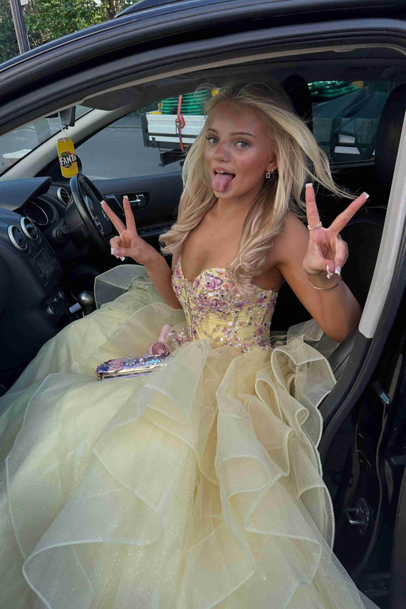 Yellow Prom Dress Floral Appliques Sparkly Tulle Graduation Gown Layered Ruffles Birthday Dress Ms2609195