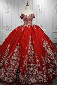 Red Quinceanera Dress Off Shoulder Glitter Ball Gown Beaded Lace Appliques Prom Dress Ms2605161