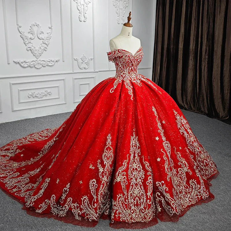 Red Quinceanera Dress Off Shoulder Glitter Ball Gown Beaded Lace Appliques Prom Dress Ms2605161