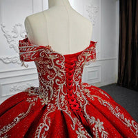 Red Quinceanera Dress Off Shoulder Glitter Ball Gown Beaded Lace Appliques Prom Dress Ms2605161