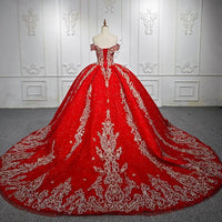 Red Quinceanera Dress Off Shoulder Glitter Ball Gown Beaded Lace Appliques Prom Dress Ms2605161