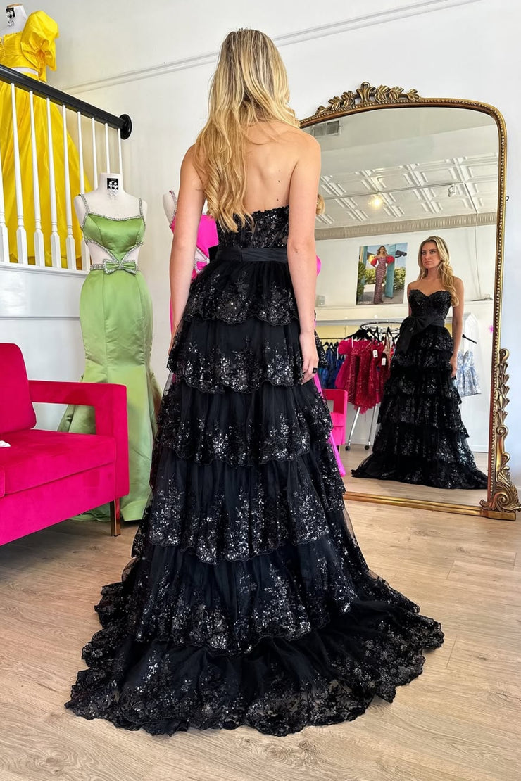 Black Sequin Strapless Prom Dress With Bow High Slit Layered Tulle Evening Gown Ms2601084