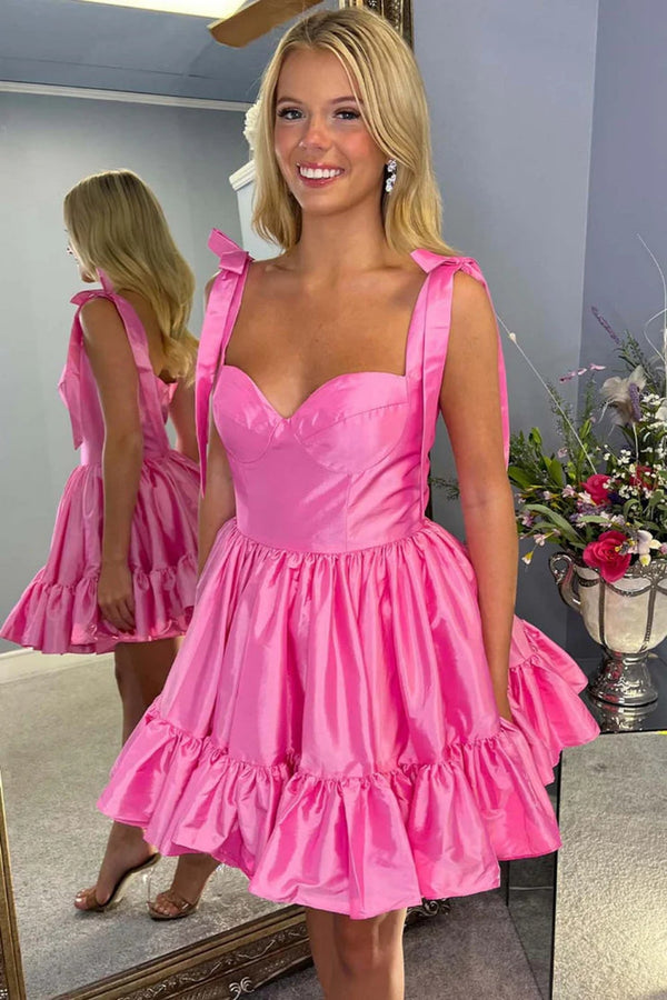 Pink Mini Homecoming Dress Bow Tie Strap Cute Short Party Dress Ms2601112