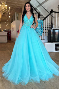 Turquoise V Neck Lace Applique Prom Dress Tulle Formal Evening Gown Ms2511081