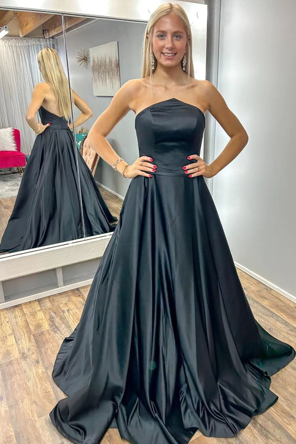 Black Strapless Satin A Line Evening Dress Open Back Formal Prom Dress Ms26001081