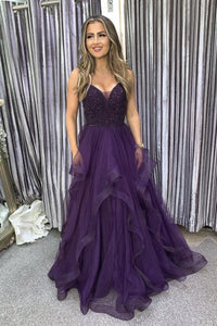 Purple Beaded Prom Dress V Neck  Layered Ruffle Tulle Evening Gown Sparkly Formal Party Dress Ms2607281
