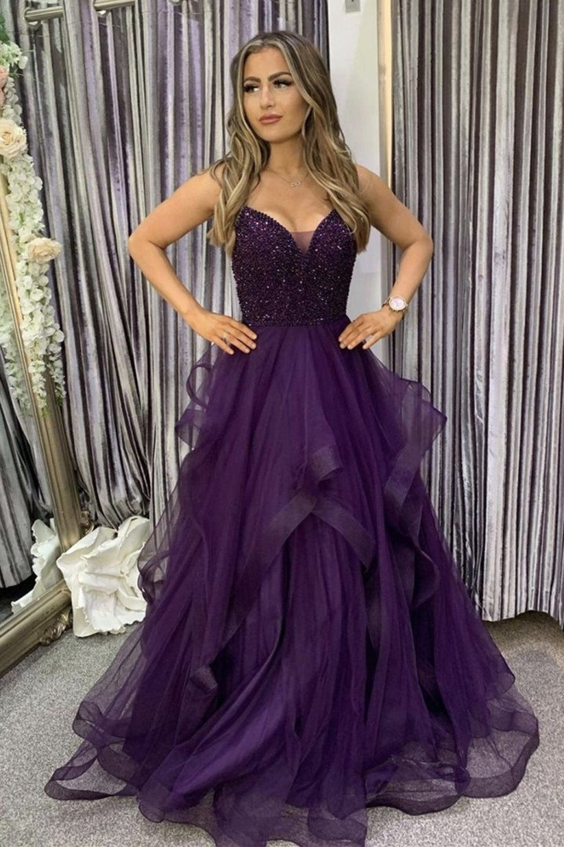 Purple Beaded Prom Dress V Neck  Layered Ruffle Tulle Evening Gown Sparkly Formal Party Dress Ms2607281