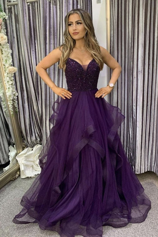 Purple Beaded Prom Dress V Neck  Layered Ruffle Tulle Evening Gown Sparkly Formal Party Dress Ms2607281