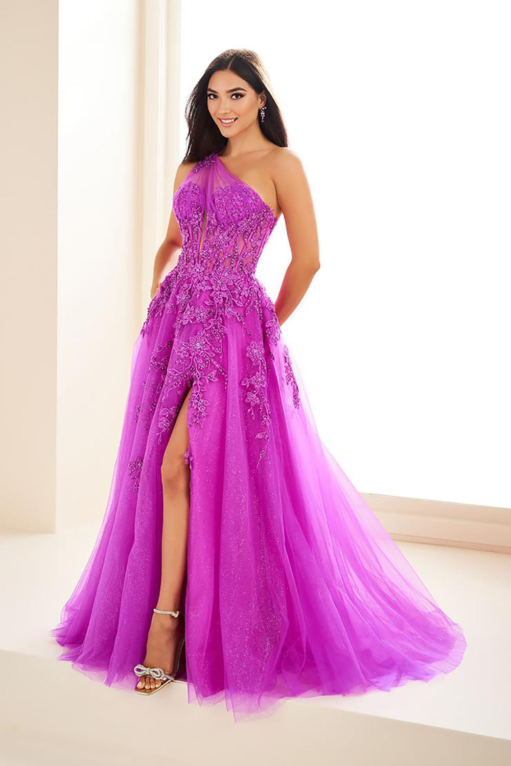 Corset Prom Dresses One Shoulder Applique Tulle Evening Gown with High Slit Ms2601144