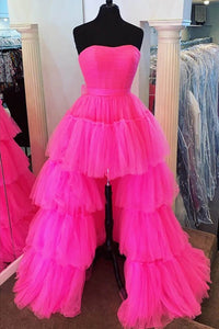 Strapless Prom Dress Layered Tulle High Slit Evening Party Dress MS2509265
