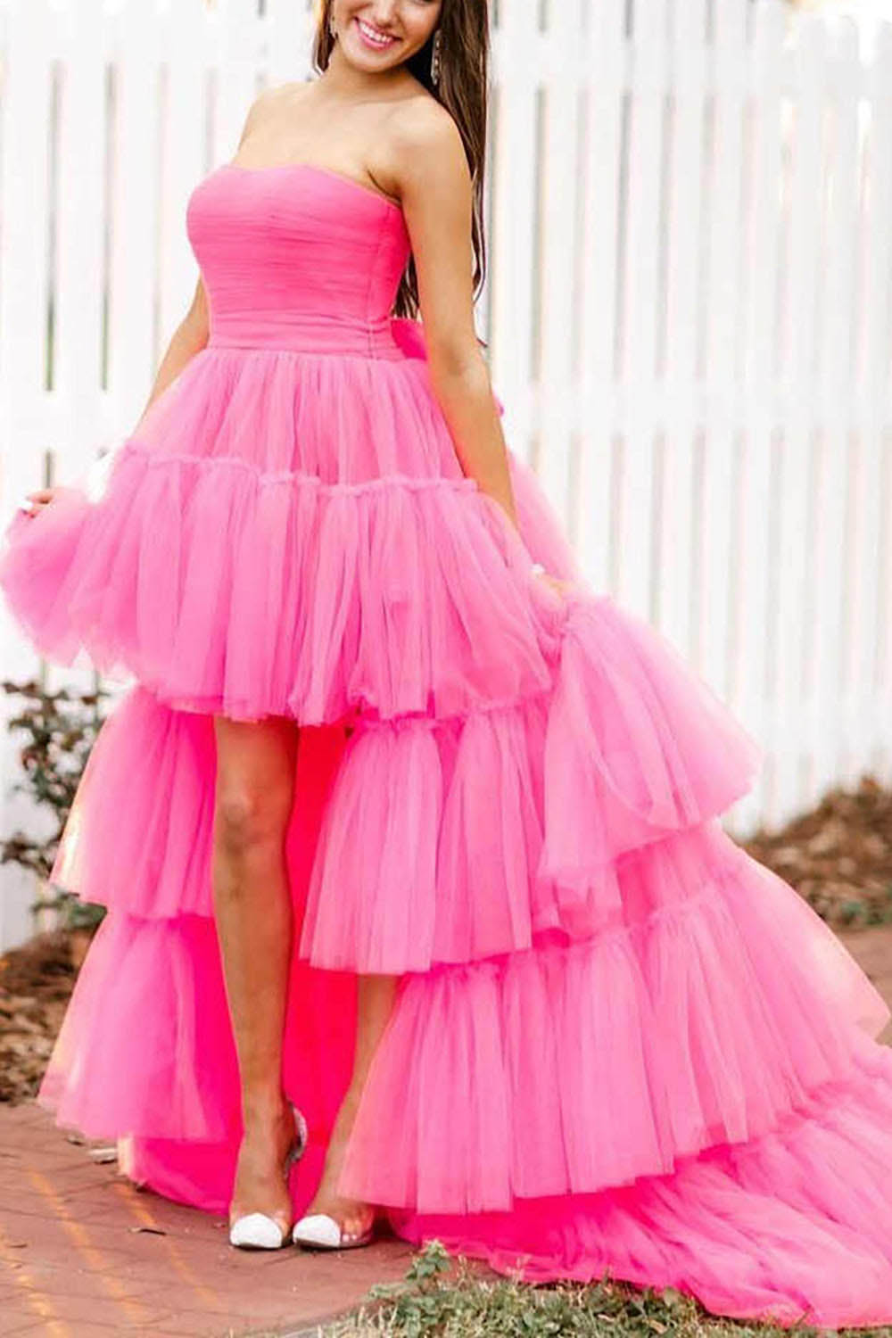 Strapless Prom Dress Layered Tulle High Slit Evening Party Dress MS2509265