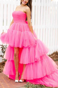 Strapless Prom Dress Layered Tulle High Slit Evening Party Dress MS2509265