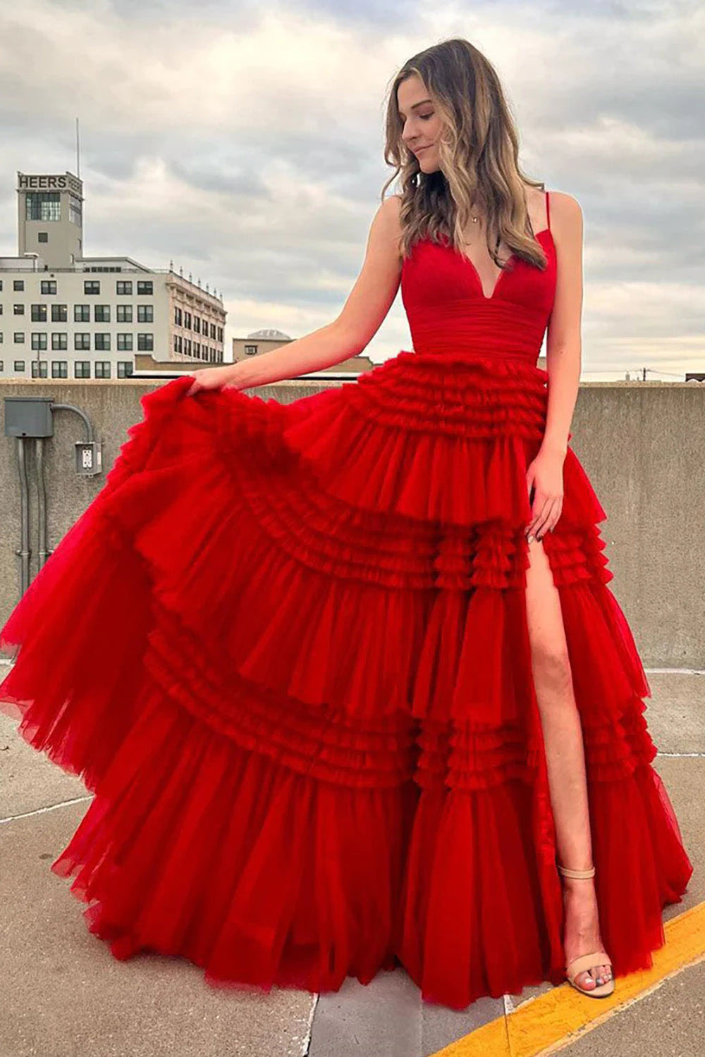 Abito da sera con spacco Ruffle, scollo a cuore, applicazioni in pizzo, corsetto, abito formale per festa di prom Ms2504114