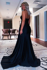 One Shoulder Black Evening Dress Mermaid Satin Prom Gown Ms2510113