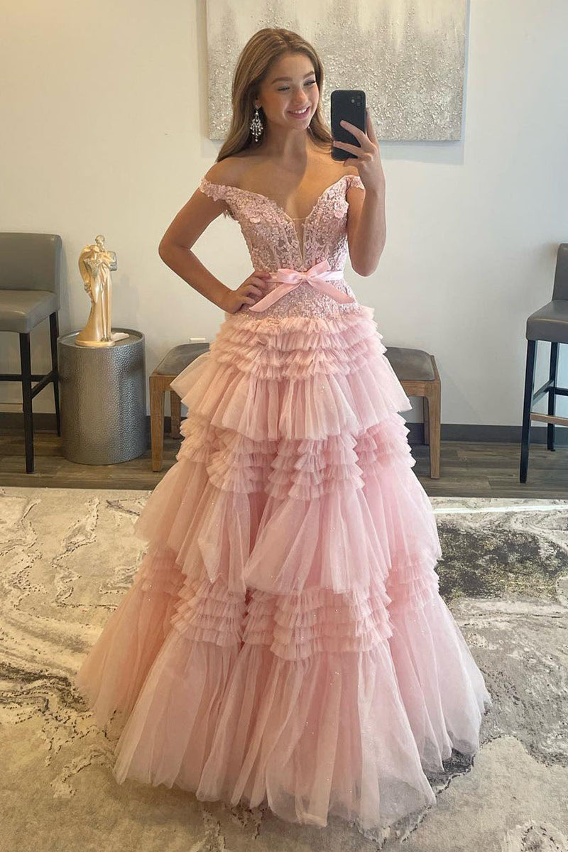 Pink Off Shoulder Evening Dress Tiered Tulle Lace Prom Dress Ms2508232