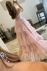 Pink Off Shoulder Evening Dress Tiered Tulle Lace Prom Dress Ms2508232