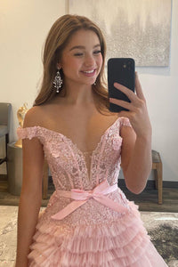 Pink Off Shoulder Evening Dress Tiered Tulle Lace Prom Dress Ms2508232