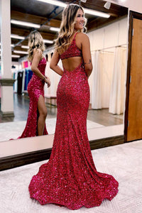 One Shoulder Sequin Prom Dress High Slit Backless Evening Gown Ms2510112