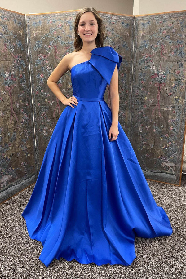 Royal Blue One Shoulder Prom Dress Bowknot Satin Evening Dress Ms2511212