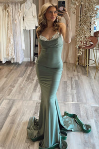 Mermaid Prom DressSpaghetti Straps Backless Satin Formal Evening Dress Ms2508255